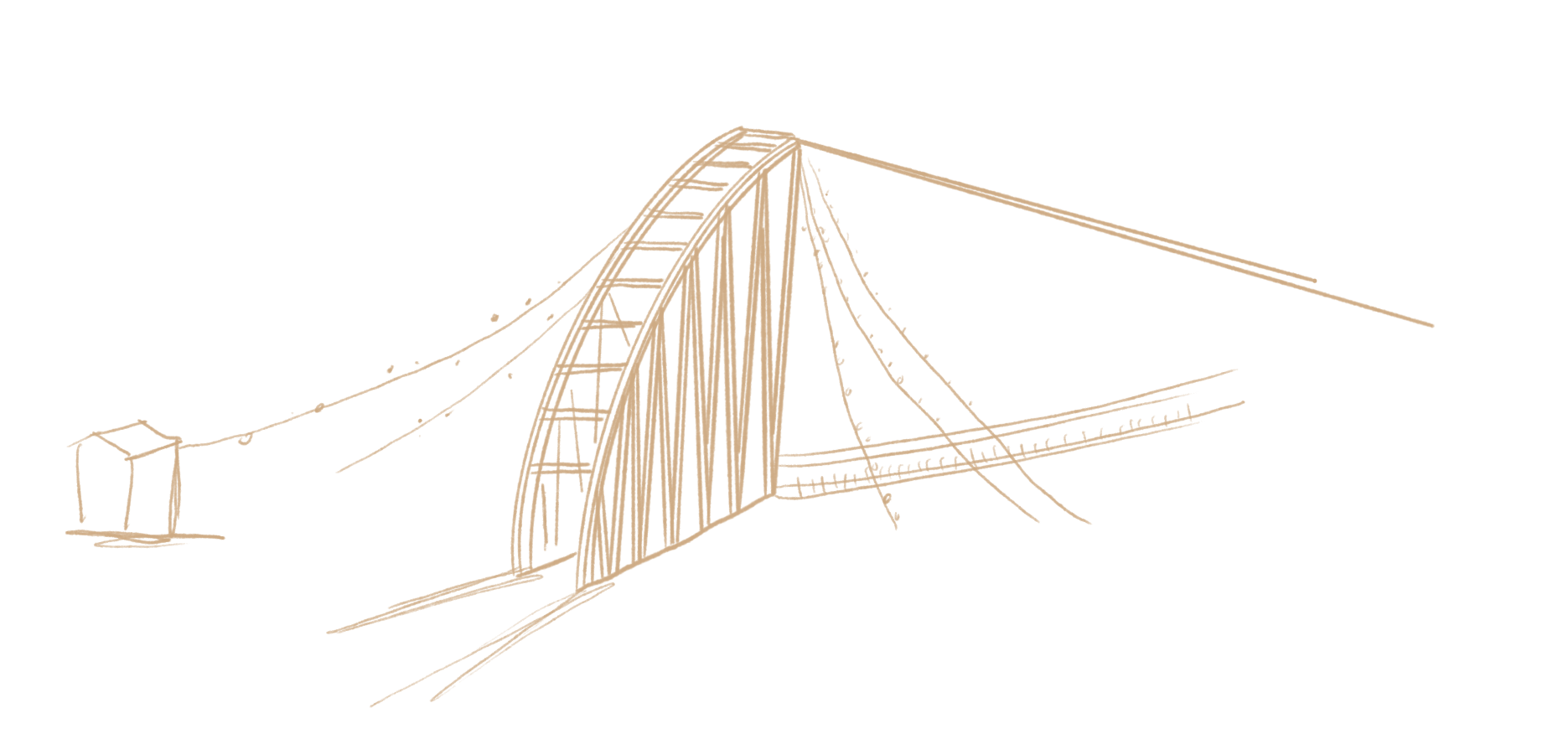 Line drawing of a bridge structure with cables and supports on a black background.