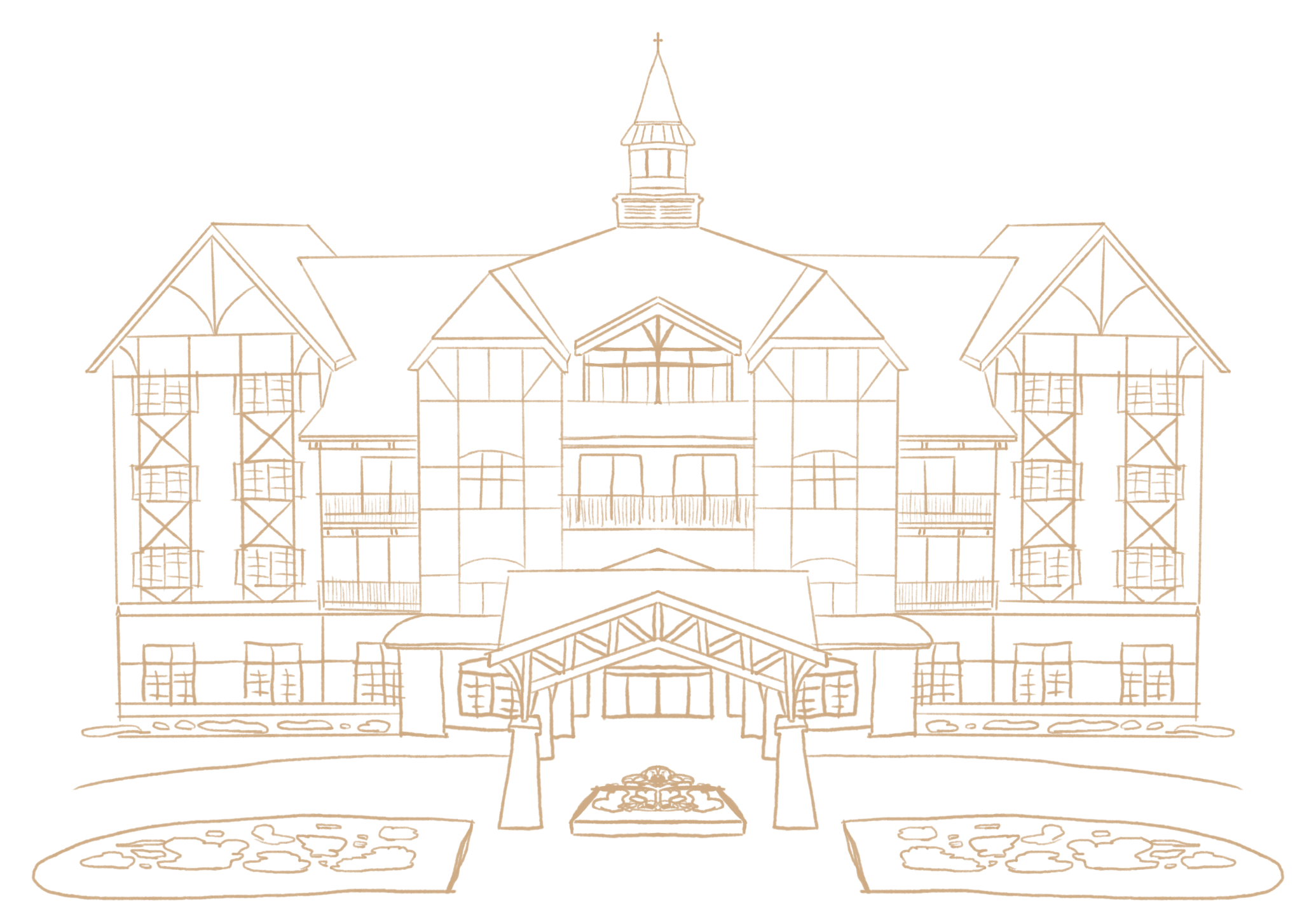 A gold line drawing of a Victorian style hotel with a central tower, multiple balconies, and a front porch, set against a black background with landscaped bushes and flower beds in the foreground.