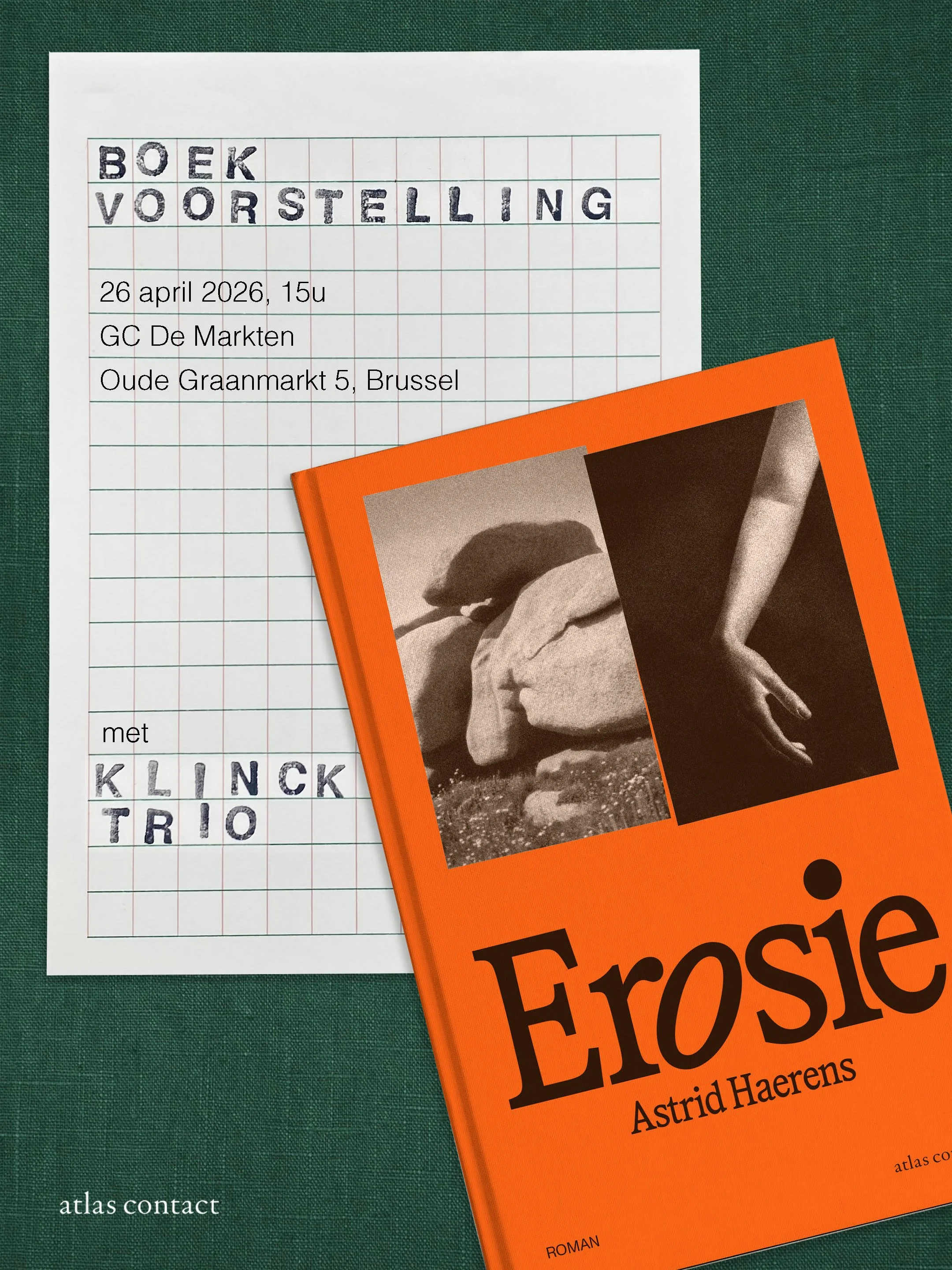       
  
    Erosie wordt voorgesteld op 26 april,  om 15u in de Spiegelzaal van De Markten, Oude Graanmarkt 5, Brussel.  Mariska Kleinhoonte van Os leidt in, ik lees voor, Klinck Trio speelt muziek.   Welkom, graag inschrijven via  deze link .     