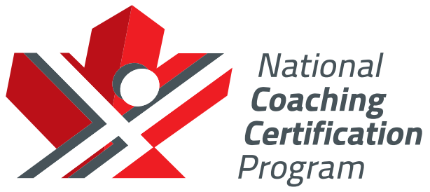 Logo for the National Coaching Certification Program featuring a stylized red maple leaf and black and gray accents, with text.