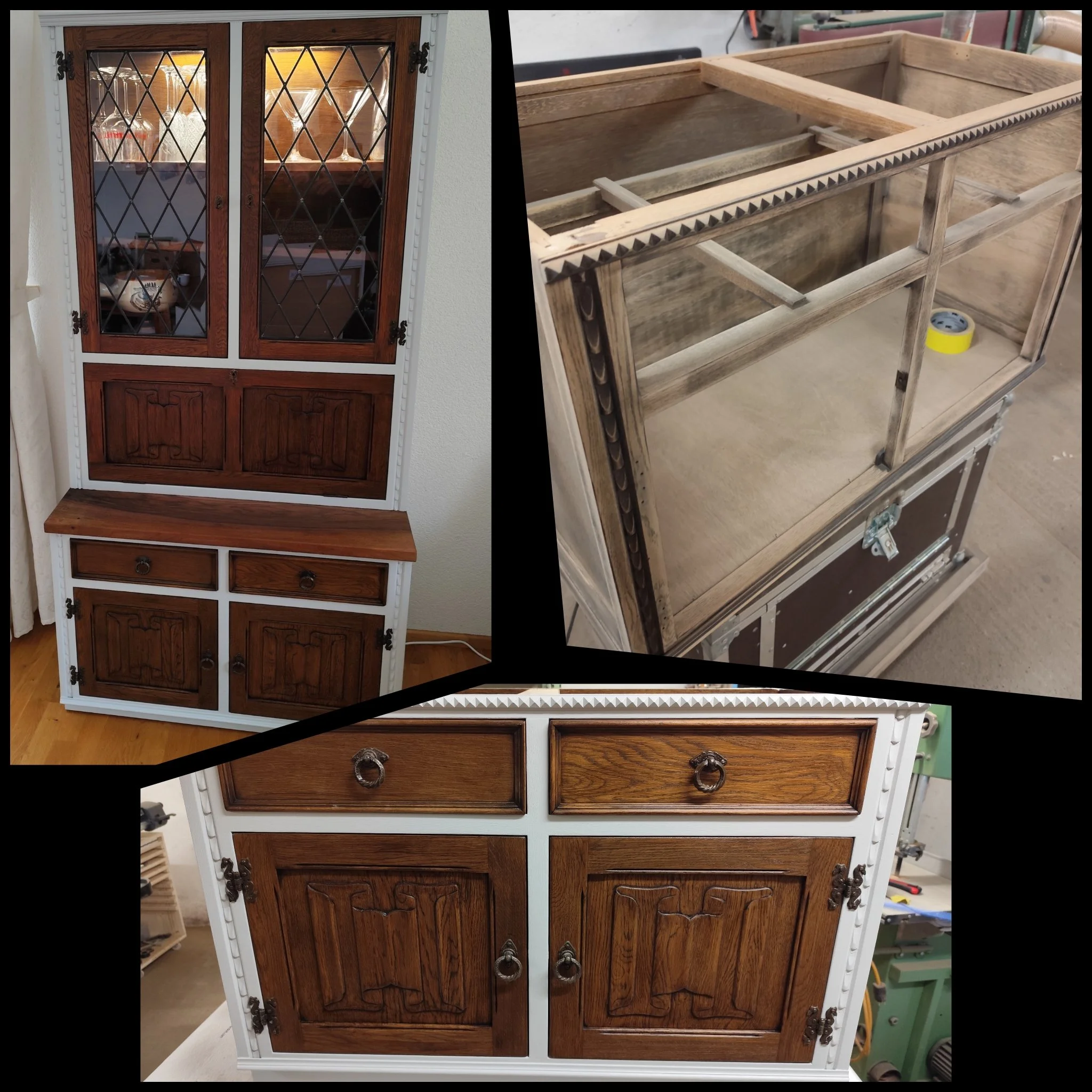Die Collage zeigt den Umbau eines alten Holzschranks, der vorher dunkelbraun war. Er wird gerade neu gestrichen oder lackiert, mit einzelnen Teilen, die abgeschliffen und vorbereitet werden. Das fertige Ergebnis ist ein wieder aufbereiteter Holzschrank in Weiß mit dunklen Holztüren und dekorativen Beschlägen.