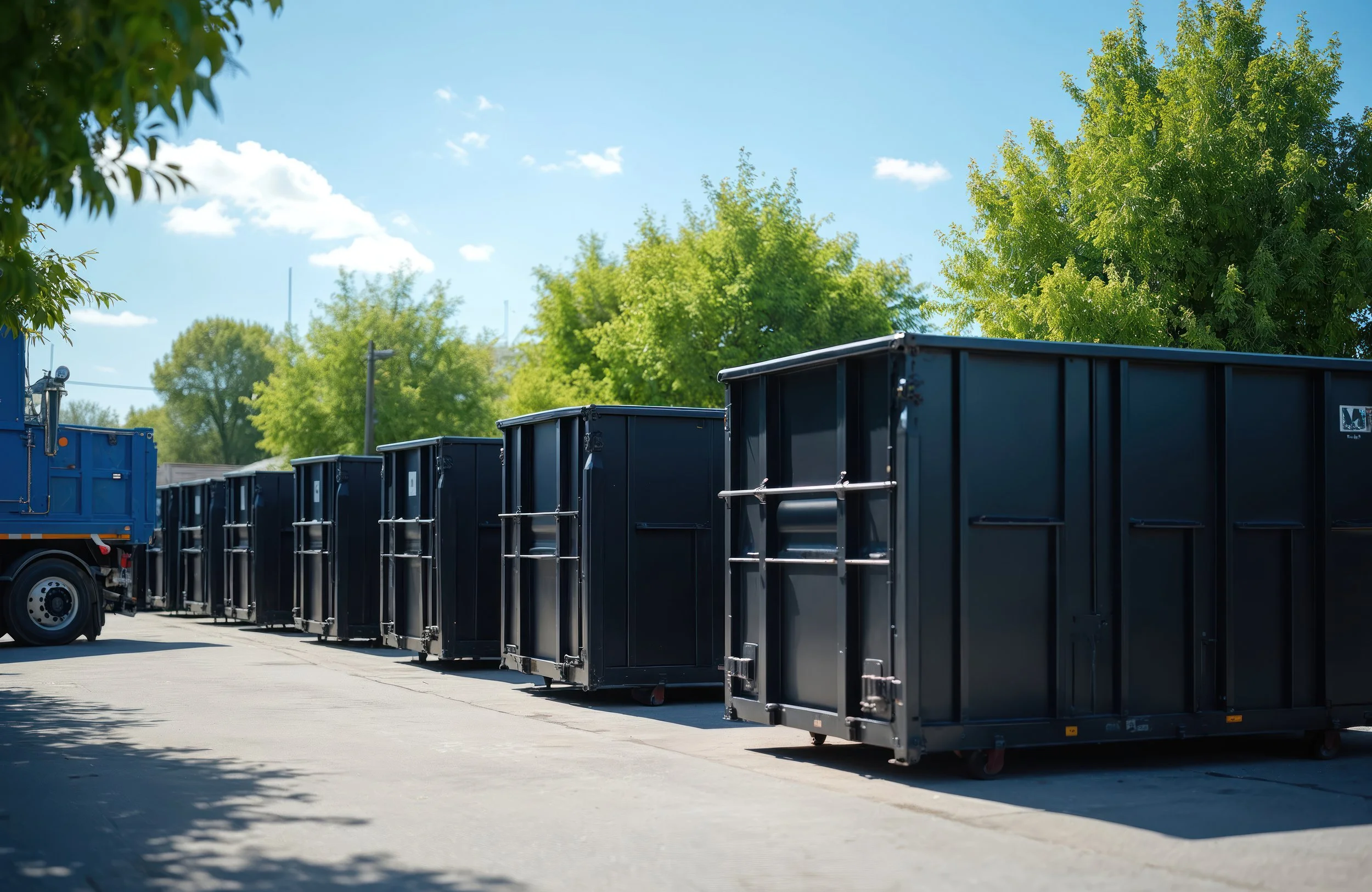 Black waste dumpsters lined up on a street under a bright blue sky with trees in the background.