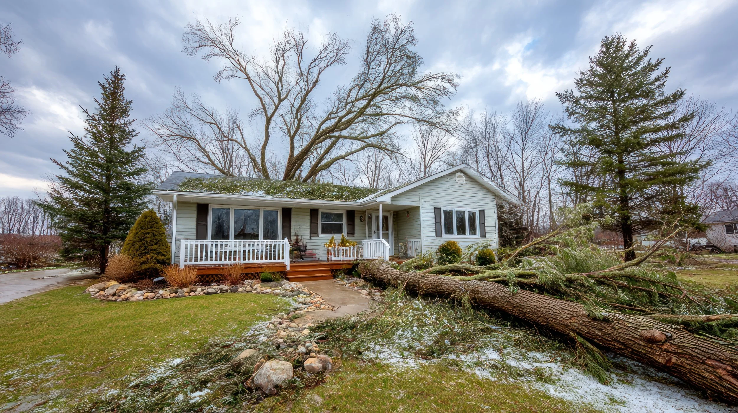 Front yard of a house with a fallen tree across the lawn, small snow patches, and leafless trees in the background, after a storm.