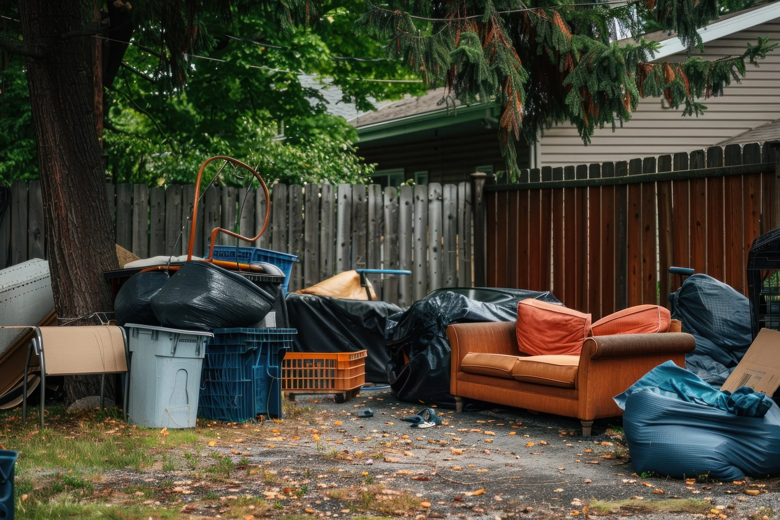 Yard filled with discarded furniture, plastic bins, bags, and miscellaneous items, with trees and a wooden fence in the background.