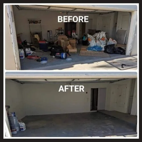 Comparison of a cluttered garage before and after cleaning, showing moveable items and boxes in the before image and an empty, cleaned space in the after image.