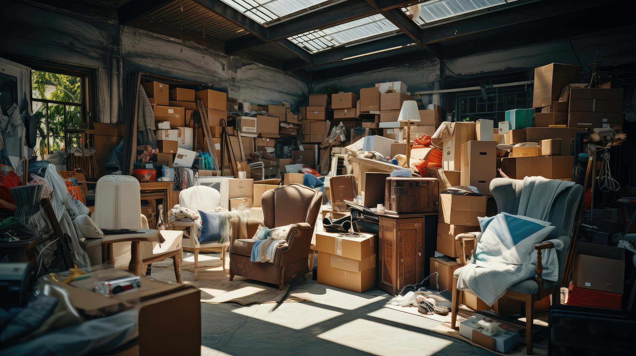 A cluttered room filled with furniture, cardboard boxes, and various household items, with sunlight streaming through a skylight and window.