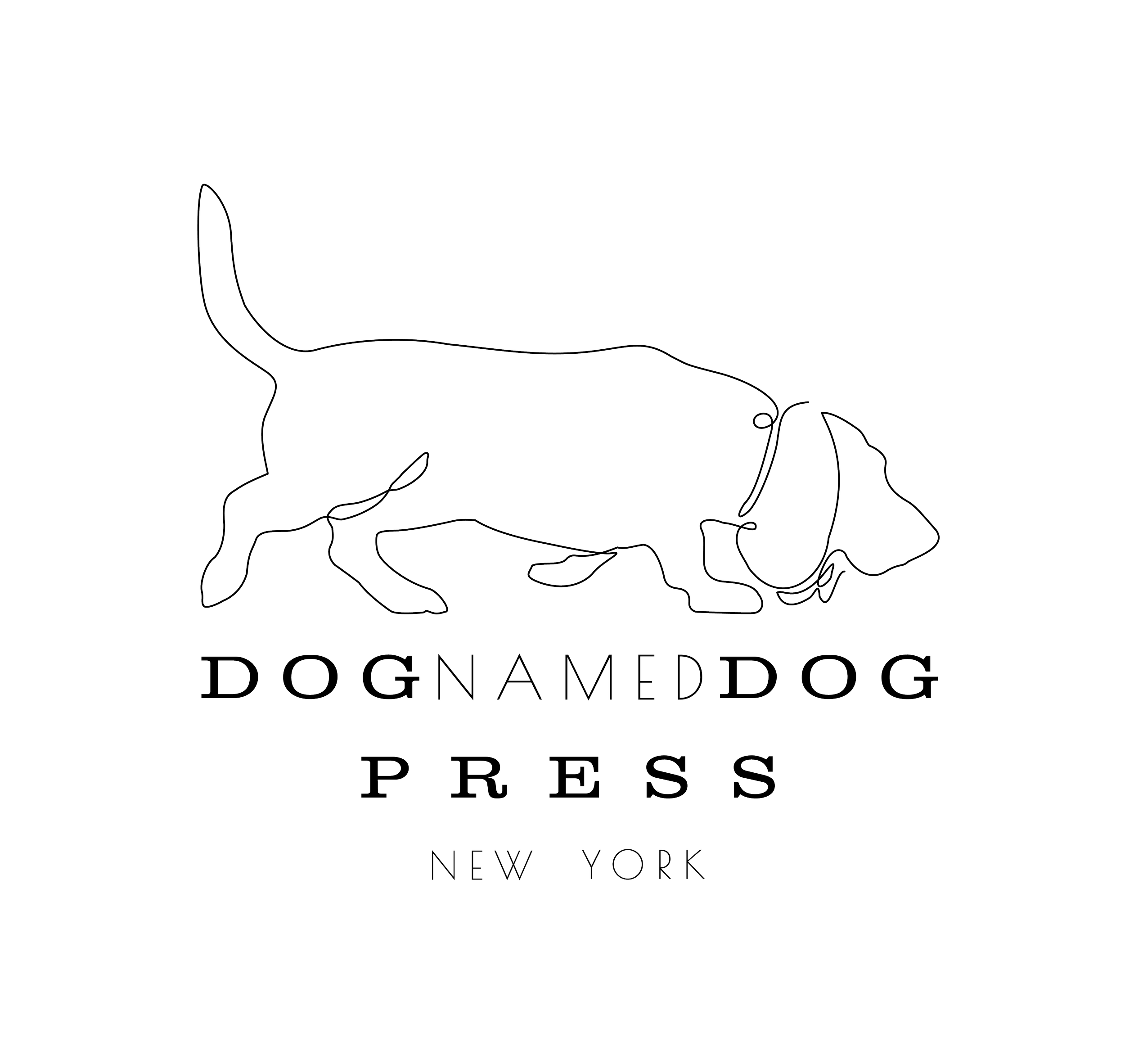 Minimalist logo of a dog outline made with continuous line art, with the text 'Dognameddog Press New York' underneath.