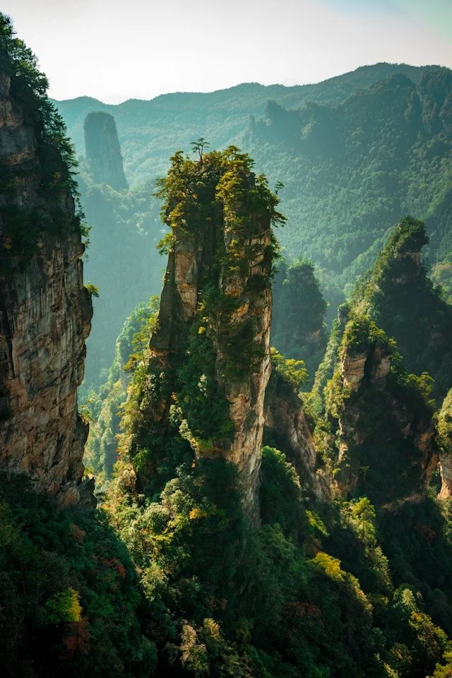 A tall, narrow rock formation covered with greenery, surrounded by forested mountains.