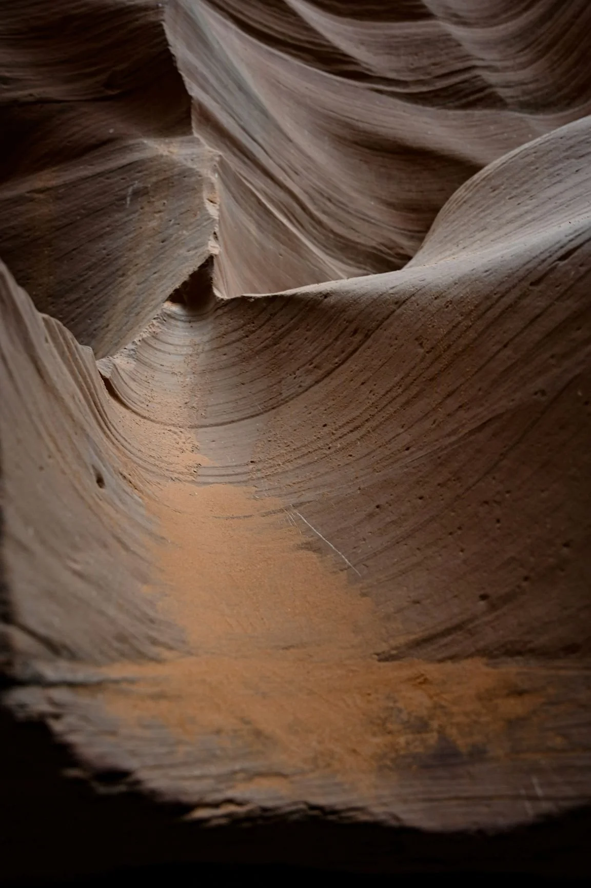 Close-up of smooth, layered rock formations inside a canyon or cave with worn, curved surfaces.