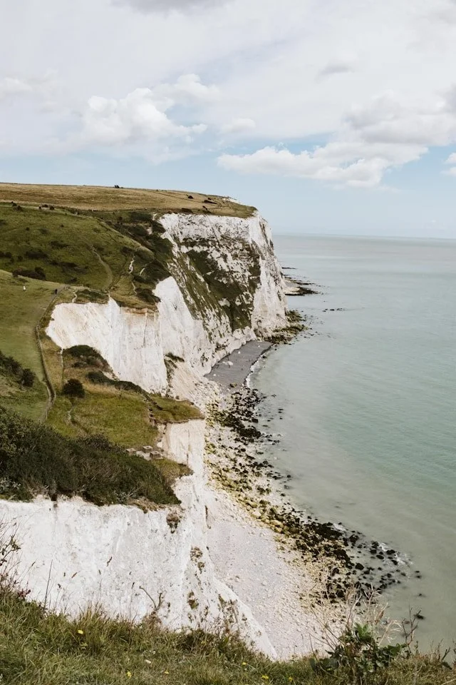 Cliffs along a rocky shoreline with grassy fields on top, overlooking the ocean with cloudy sky.