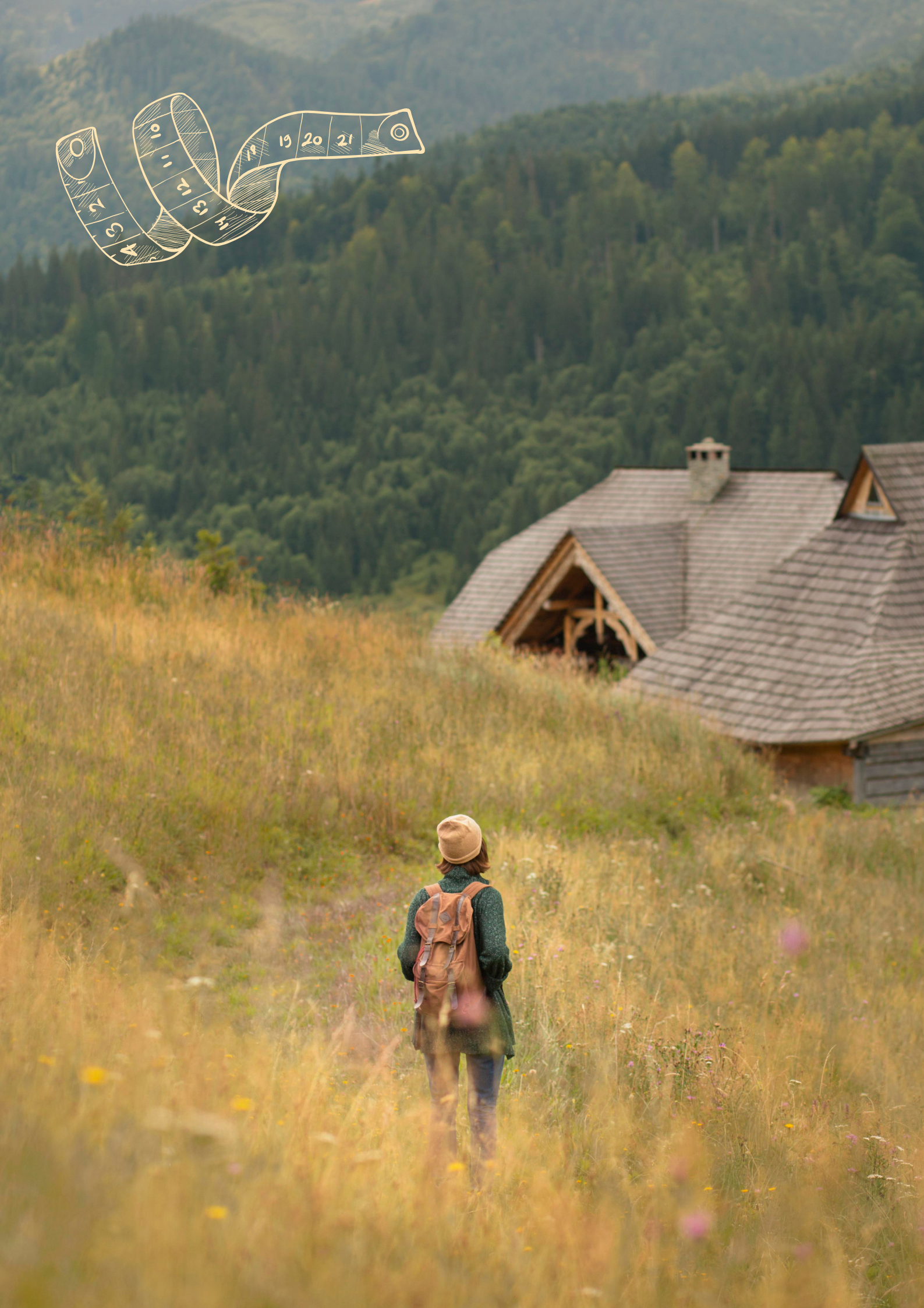 A person with a backpack and hat hiking through a grassy field with trees, mountains, and rooftops in the background, and a drawing of a measuring tape in the sky, part of a Bonaventure Events experience.