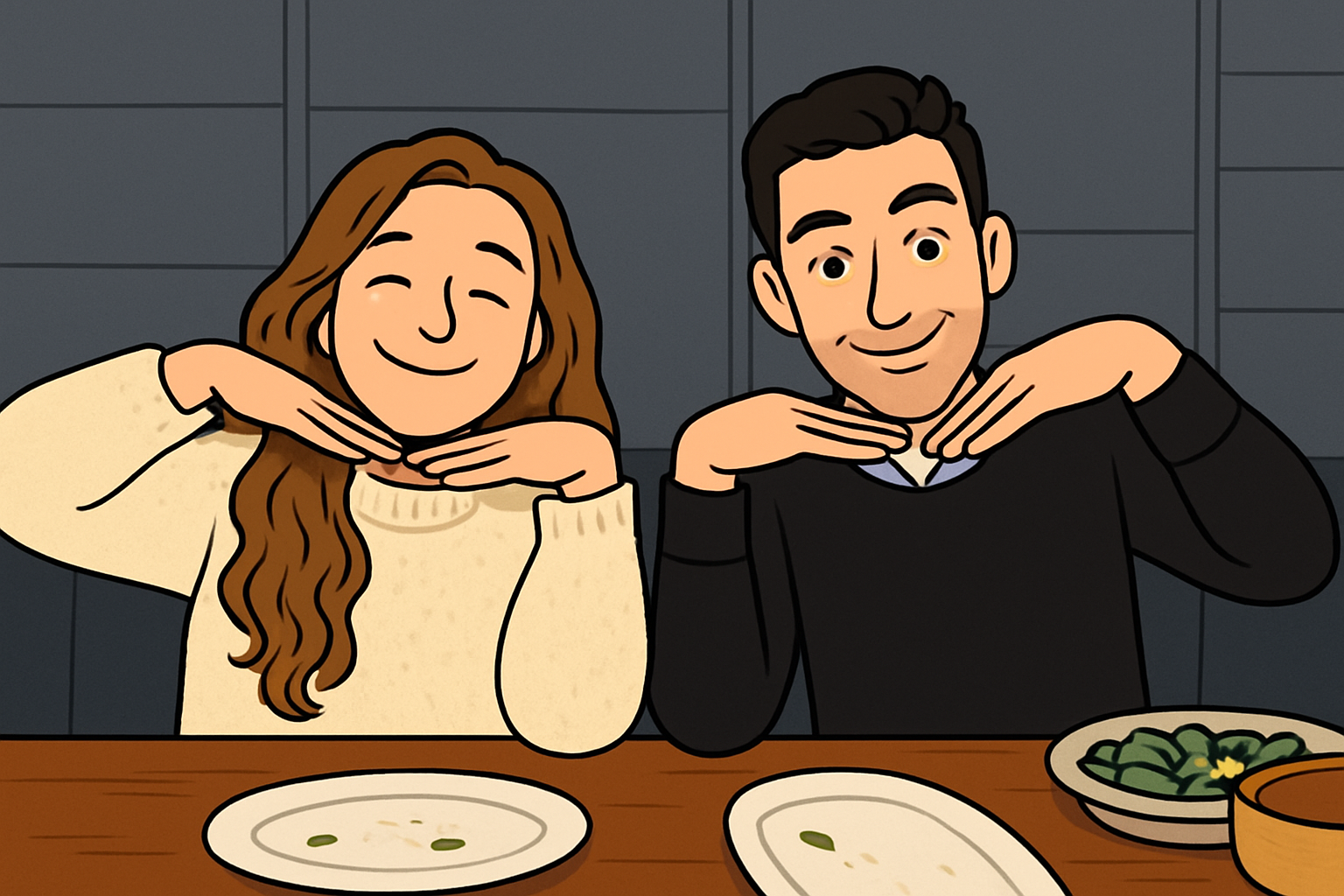 Animated image of Alexie Bonaventure, créatrice de Bonaventure Events and a man sitting at a table, smiling, with plates of food in front of them, making playful poses with their hands under their chins.