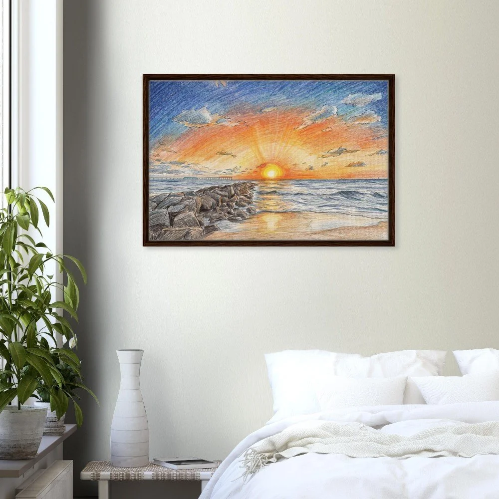 Ocean Beach Pencil Sketch Framed Canvas