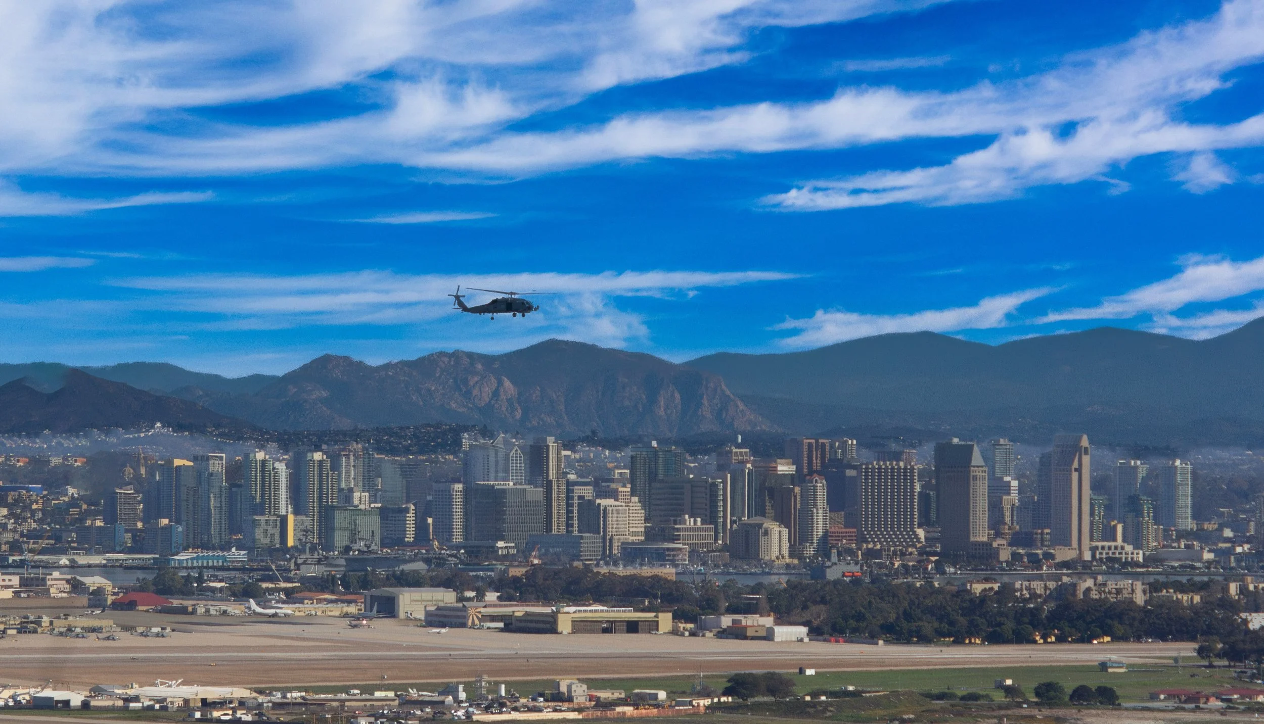 Military Helicopter leaving North Island Naval Air Base in Coronado.