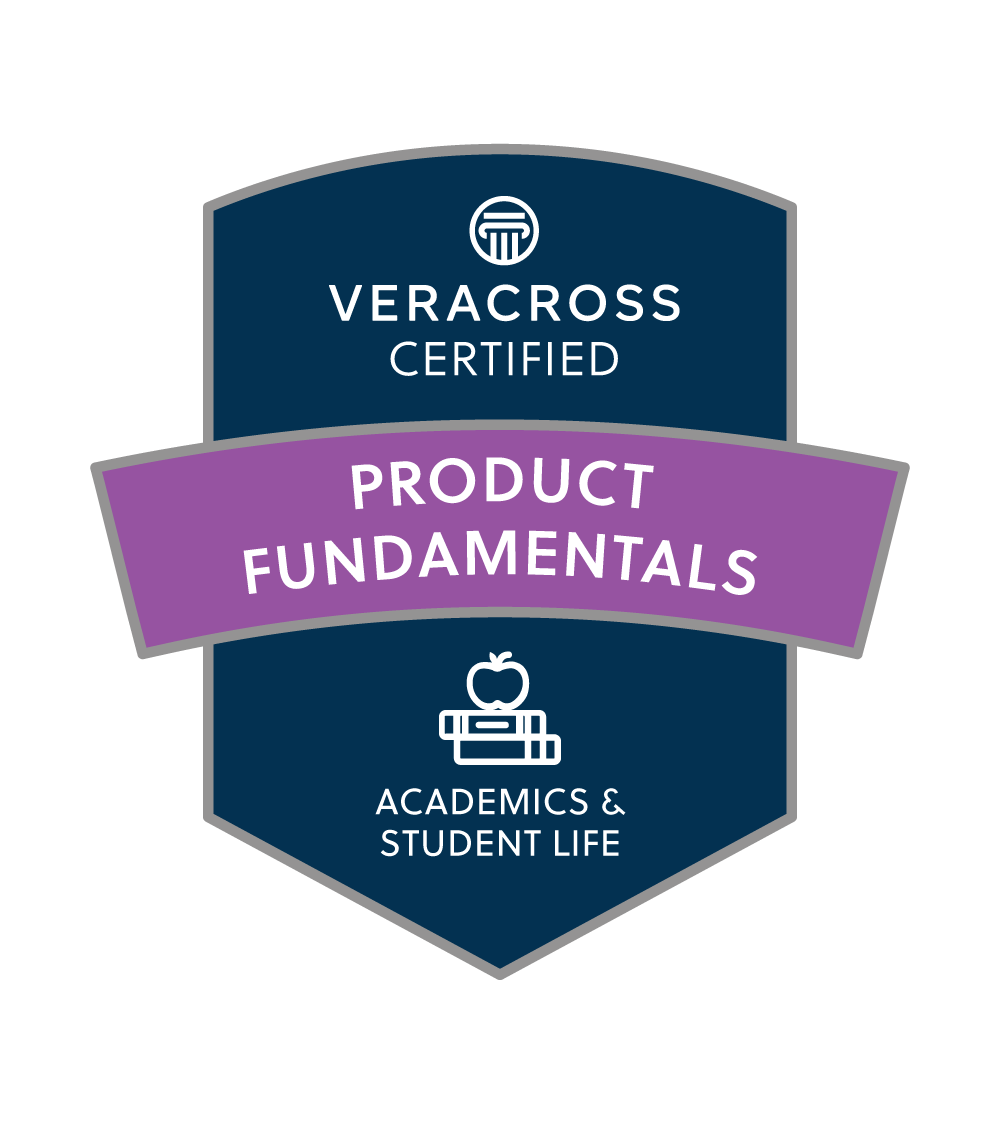 A badge with a shield shape, featuring a blue background and purple banner. It displays the Veracross Certified logo at the top, the text 'Product Fundamentals' in the middle, and an icon of a book with an apple on top at the bottom, along with the text 'Academics & Student Life'.