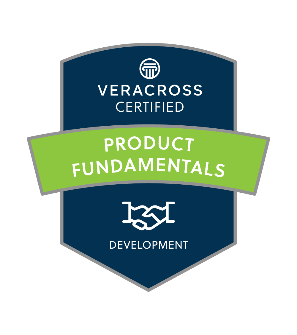 A badge with blue and green sections displaying the text "Veracross Certified" at the top, "Product Fundamentals" in the middle, and "Development" at the bottom, with a handshake icon.
