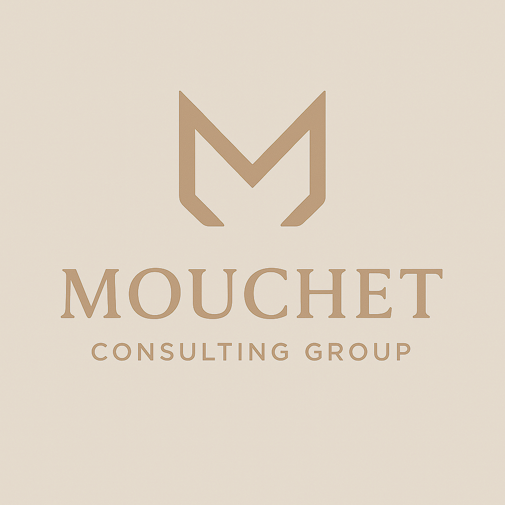 Logo for Mouchet Consulting Group featuring a stylized 'M' symbol and text in beige tones on a cream background.