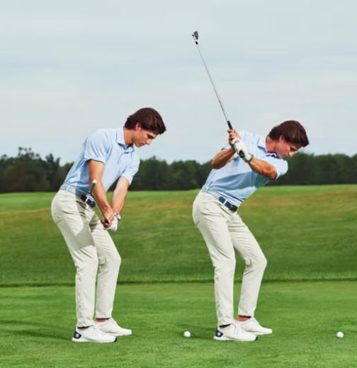 A man practicing golf swings on a golf course, preparing to hit a golf ball.