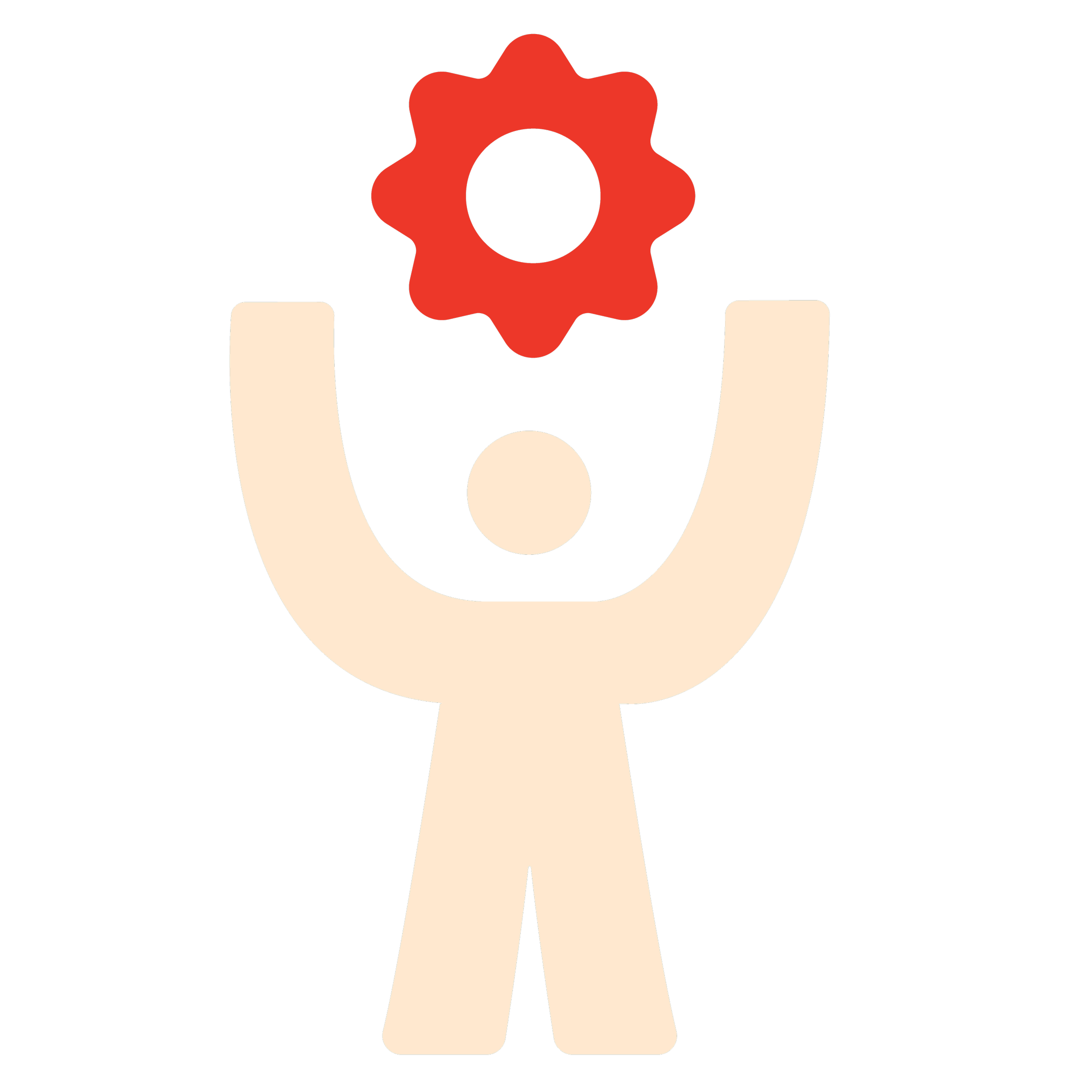 Simplified graphic of a person holding a gear and a circle, with a red gear above a black circle at the top.