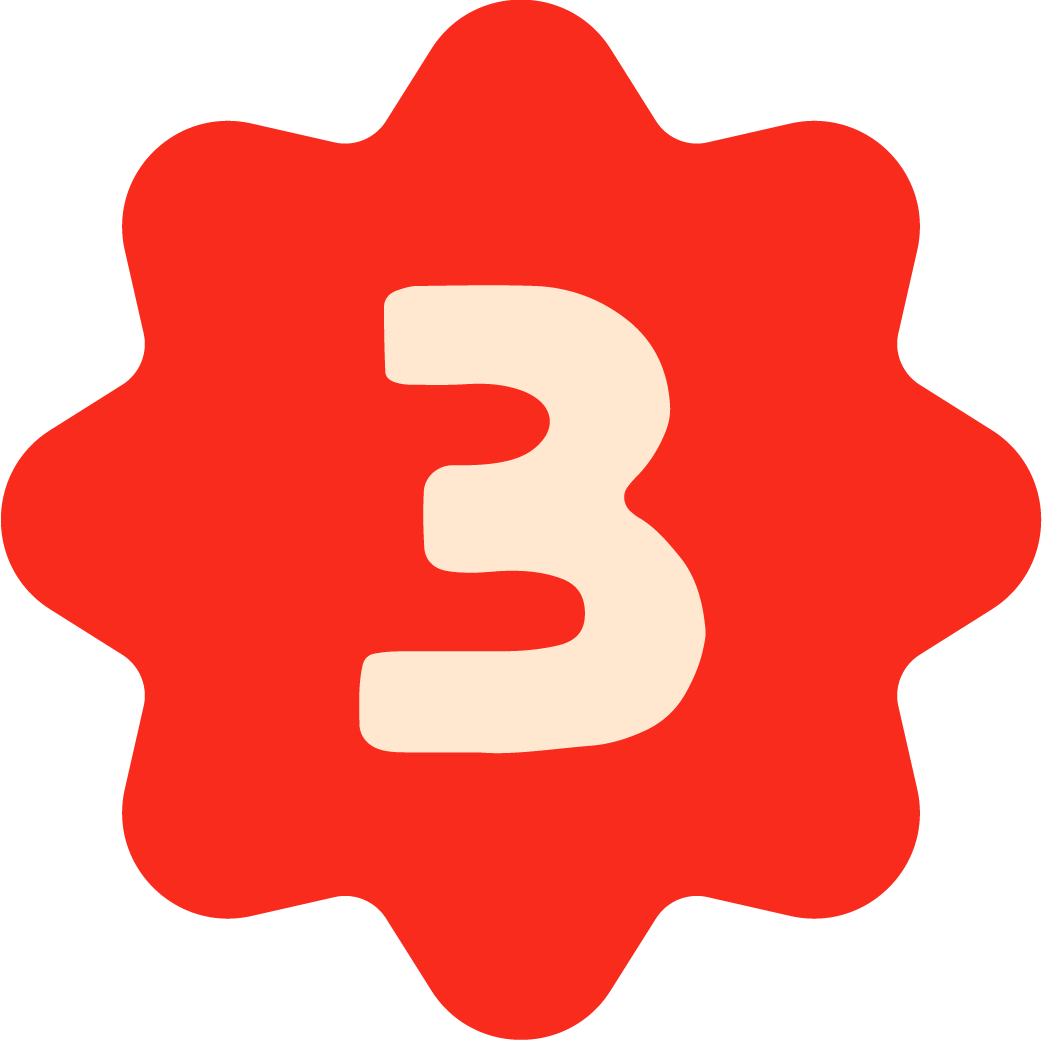 Red badge with a beige number three in the center.