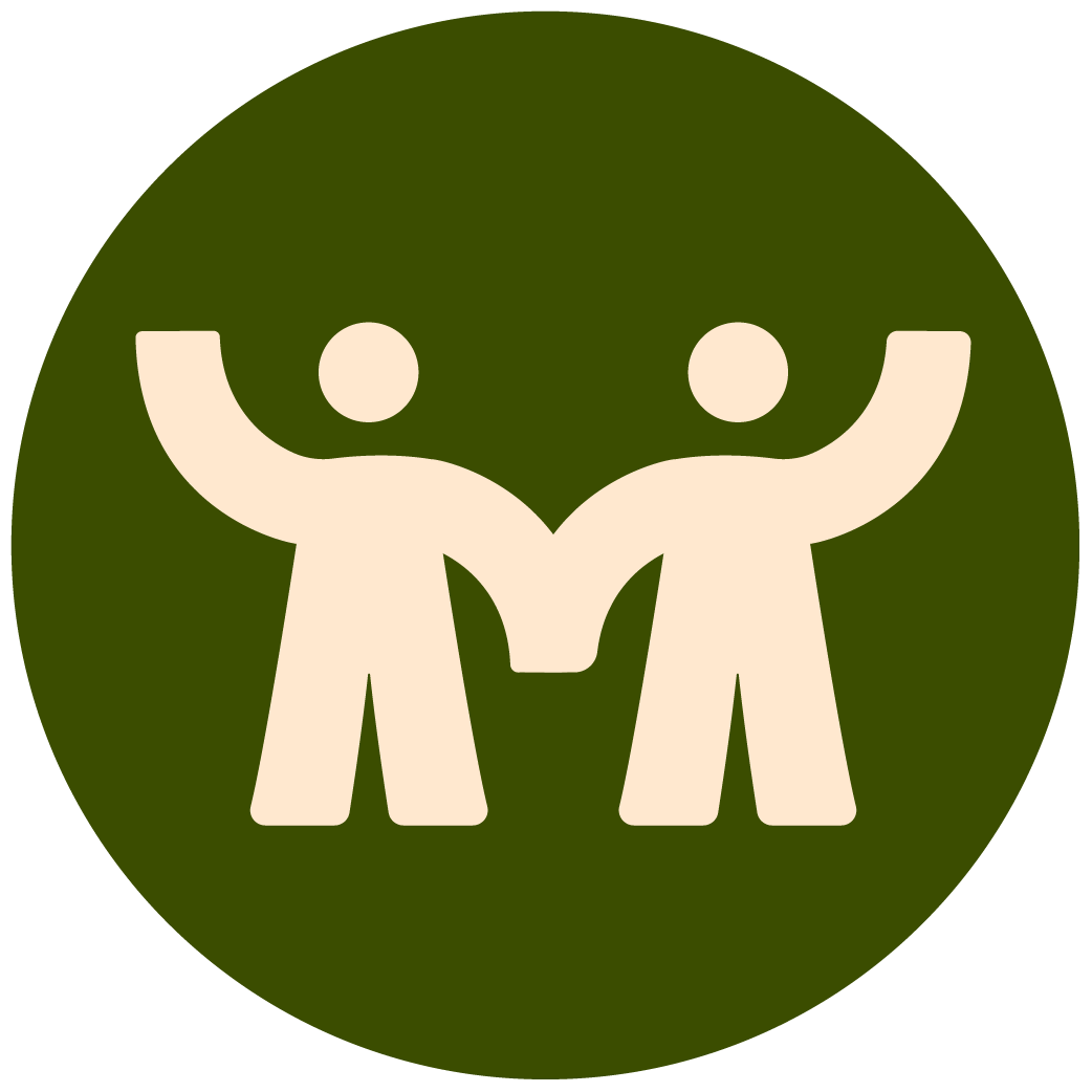 Icon showing two simplified human figures with their arms raised and touching, representing unity or celebration, set against a dark green circular background.