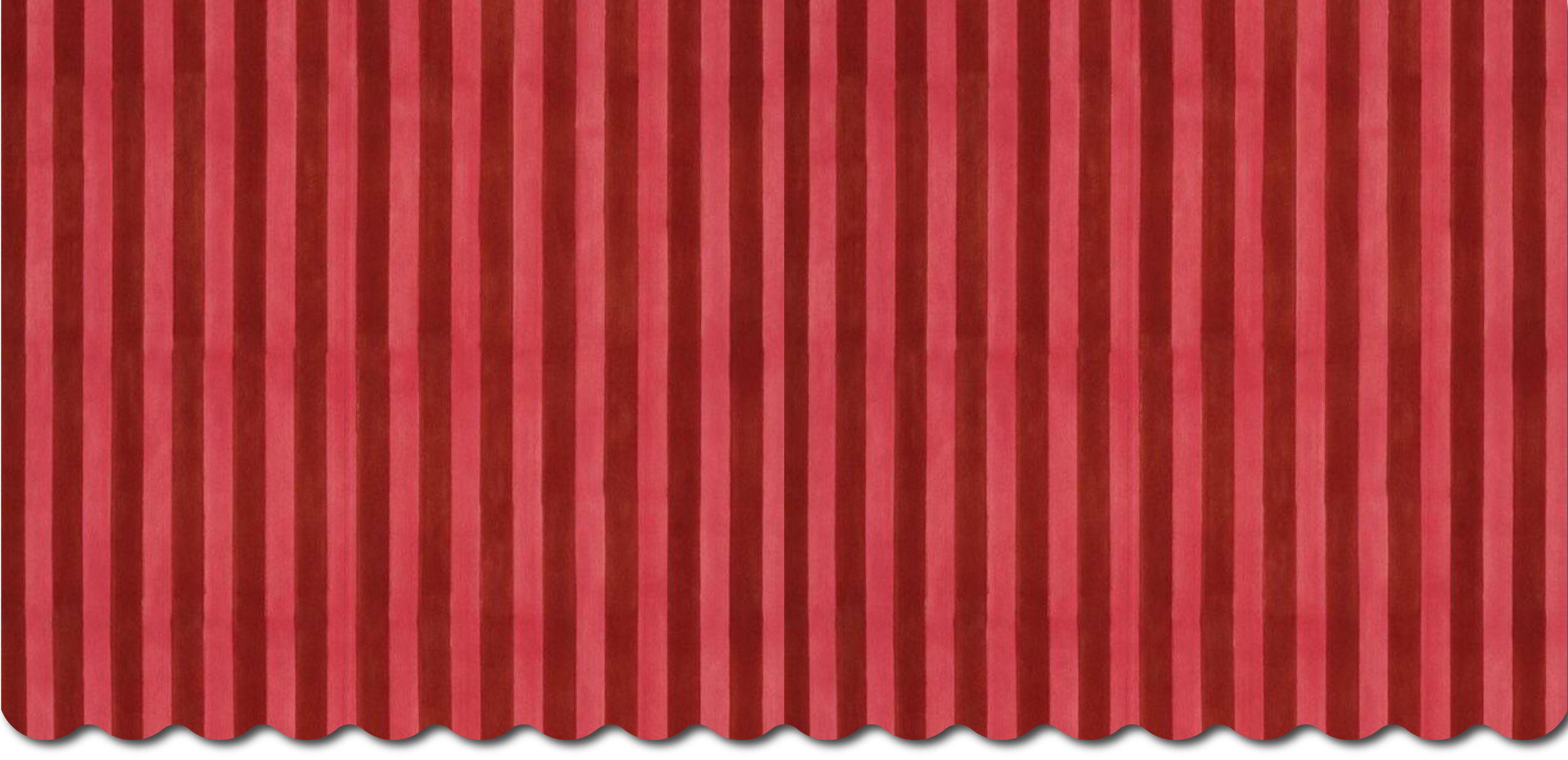 Red and dark red vertical striped fabric with a scalloped black bottom edge.