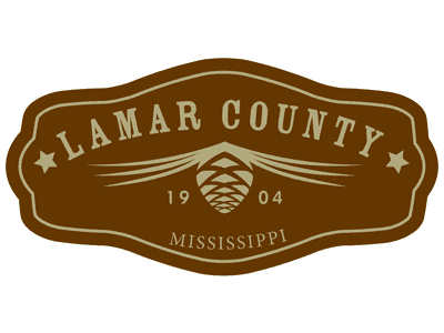 Lamar County, Mississippi, logo with a pine cone, mountains, and text, gold and brown colors.
