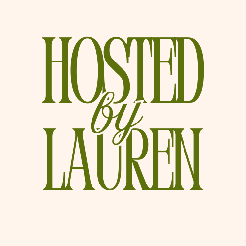 Text that reads 'Hosted by Lauren' in green font on a beige background.