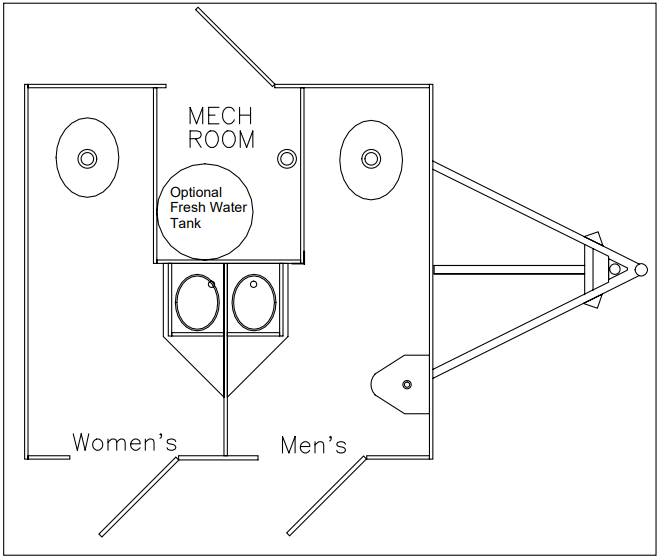 Floor plan of a restroom facility with separate men's and women's sections, a mechanical room with an optional fresh water tank, and two sinks. The layout includes detailed plumbing and structural elements.