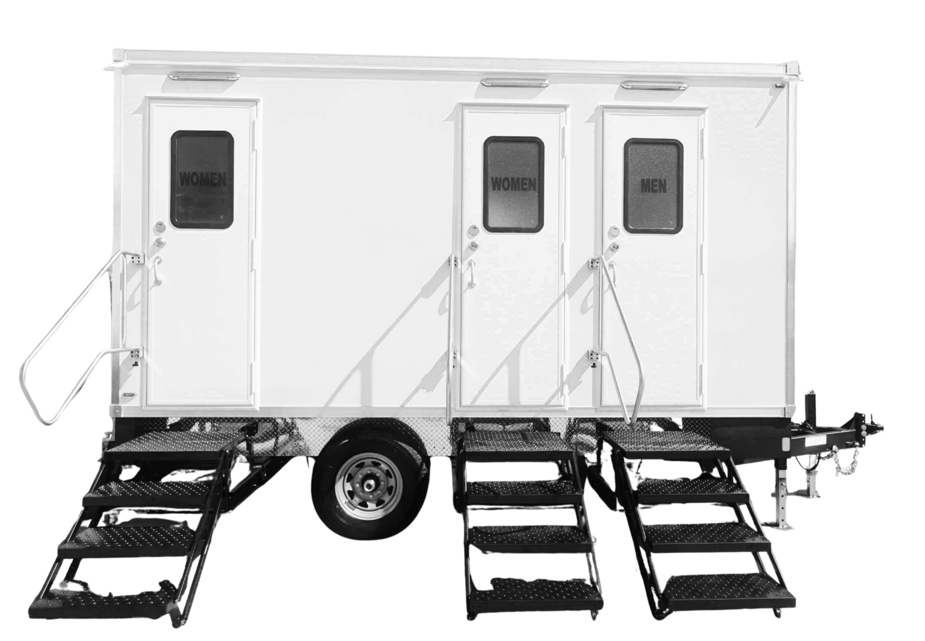 Mobile outdoor restrooms with separate doors labeled "Women" and "Men", accessible stairs, and a small ramp.