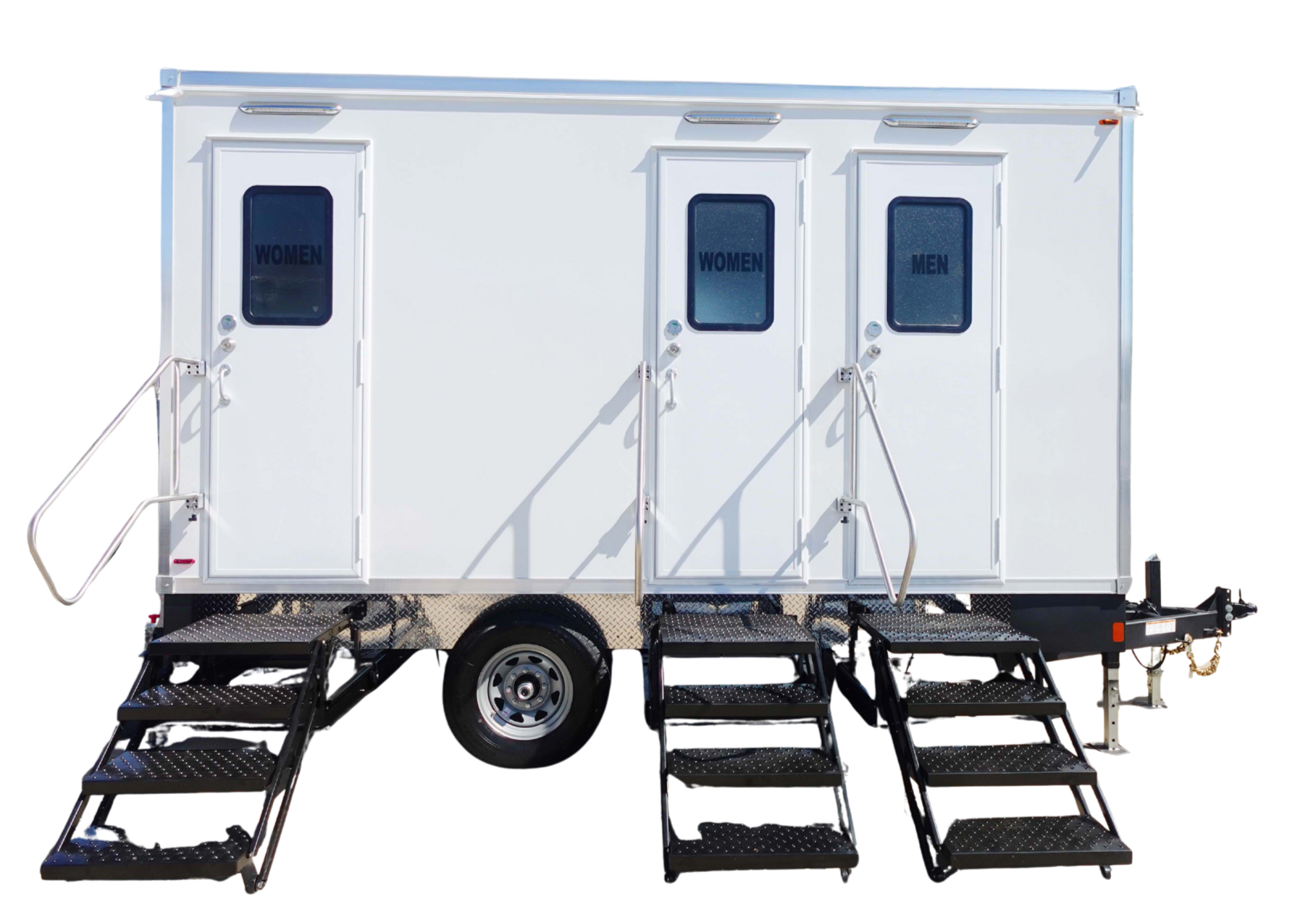 Portable restroom trailer with three doors labeled for women and men, accessed by metal stairs, with a wheel and hitch for towing.