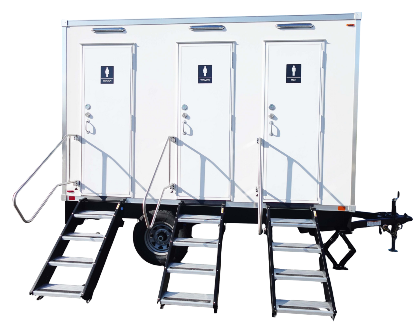 White mobile restroom trailer with three doors labeled Women's, Women's, and Men's, each with metal stairs and handrails.