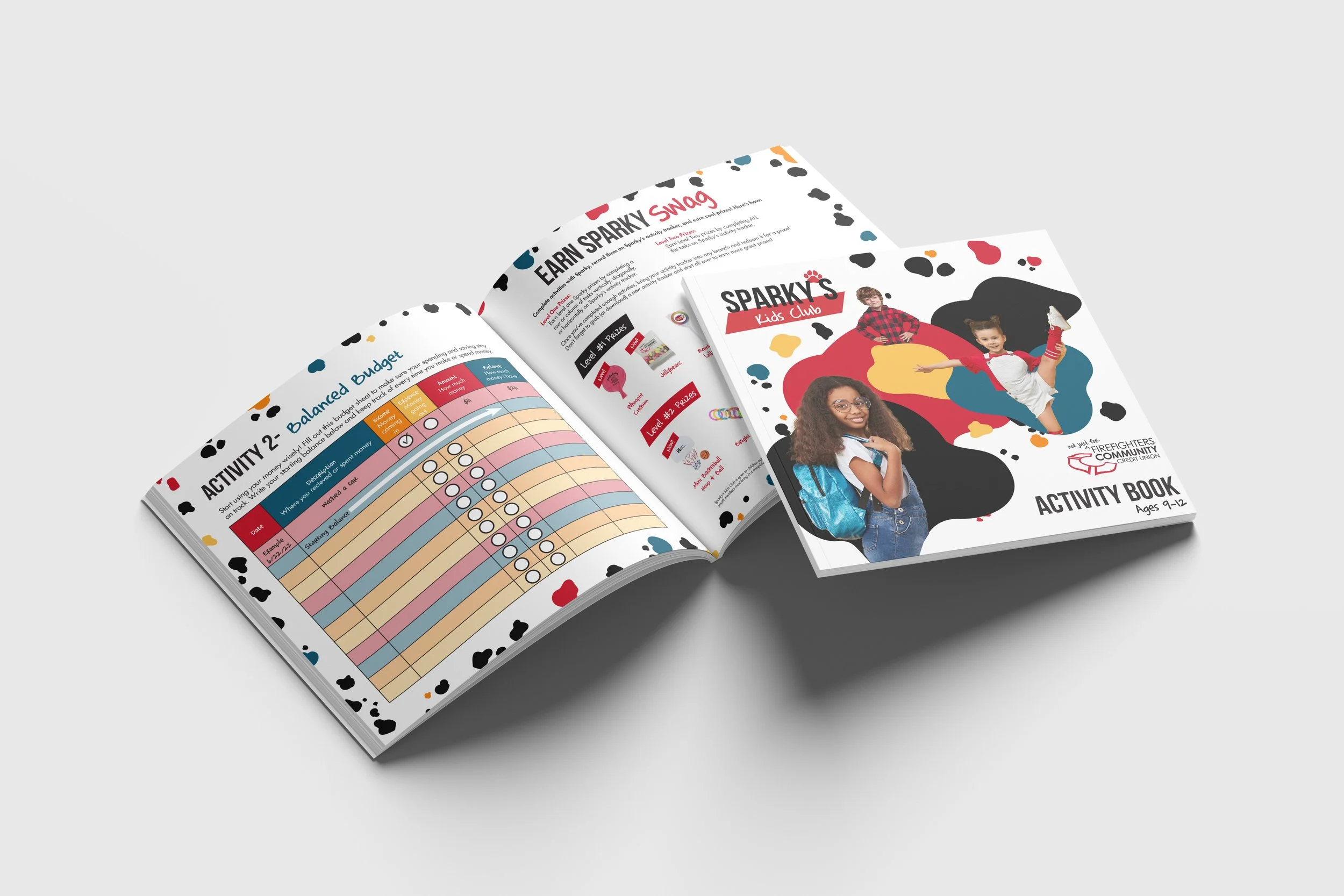Children’s financial literacy program branding and activity book design featuring colorful educational worksheets, kid-focused illustrations, and interactive print materials created for FFCCU youth banking initiatives.