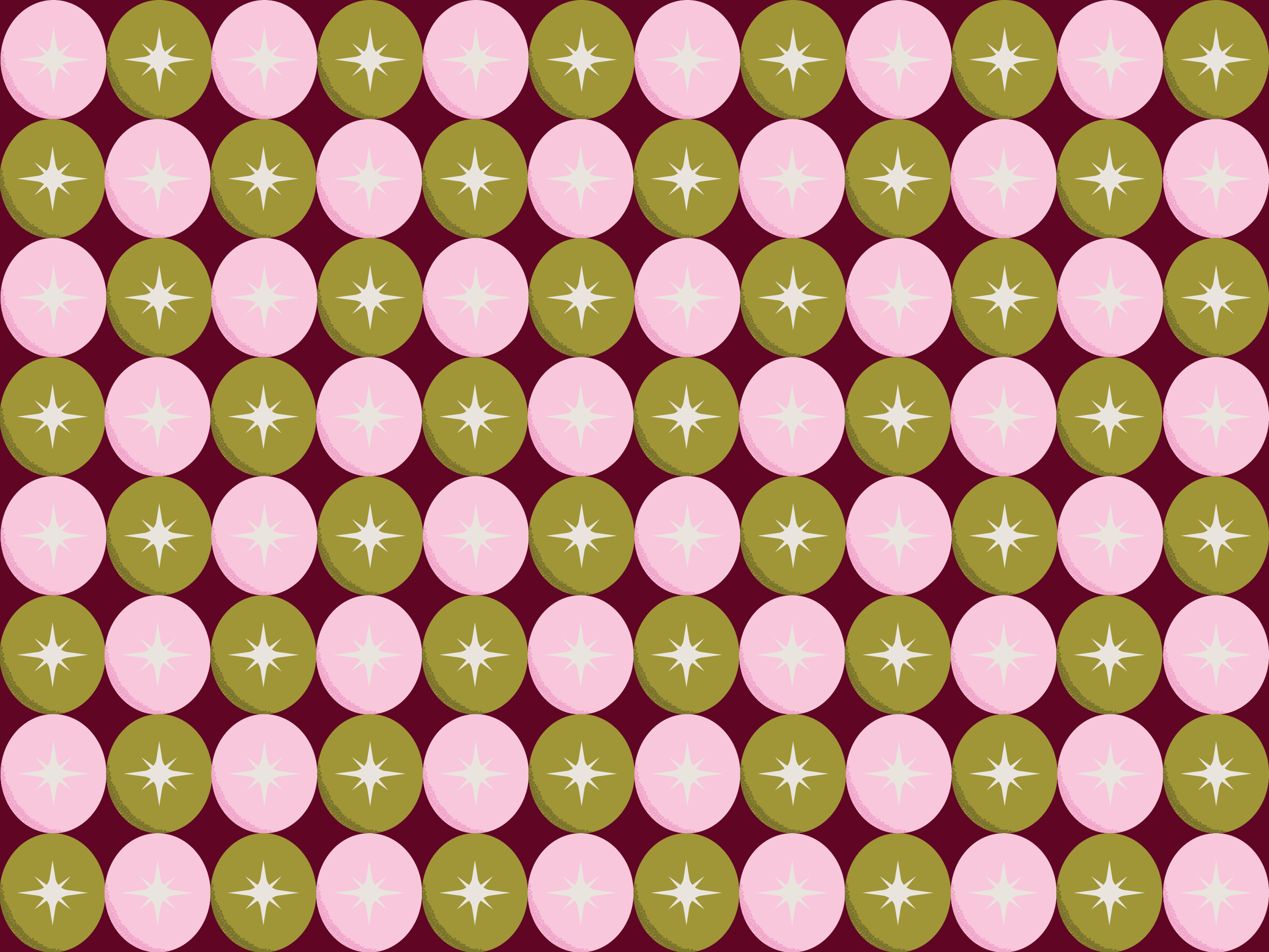 Pattern of pink and green vintage stars, on a burgundy background.