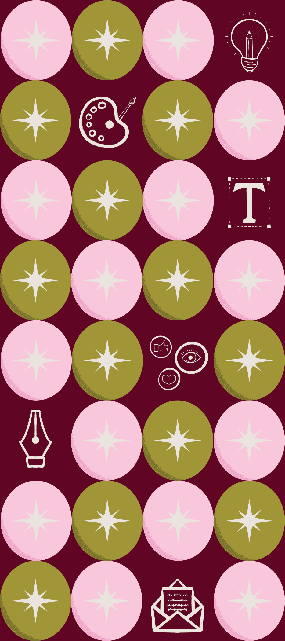 Pattern of alternating pink and green circles on a maroon background with icons of a light bulb, color palette, letter T, thumbs up, eye, heart, fountain pen nib, and envelope.