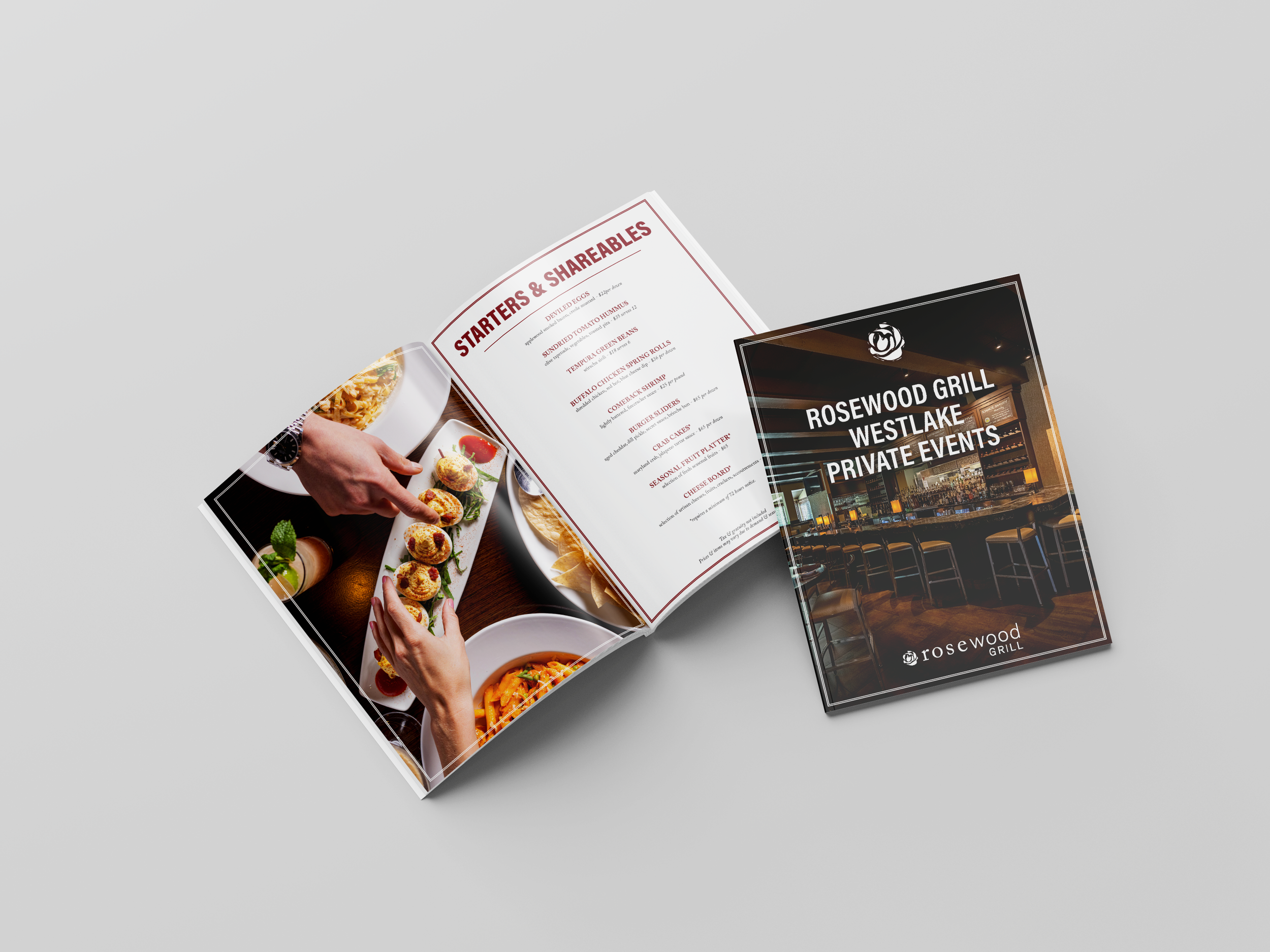 Mockup of a Rosewood Grill Westlake private events booklet featuring upscale hospitality branding, editorial-style menu layouts, event package details, and food photography designed for private dining and event bookings.