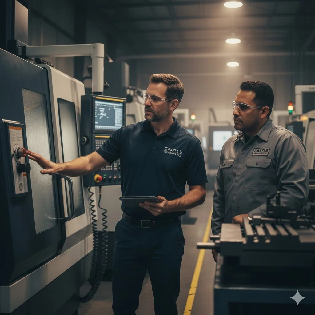 Two men in safety glasses working in an industrial manufacturing facility. One man is operating a control panel and the other is observing. The environment is equipped with machinery and electronic monitors.