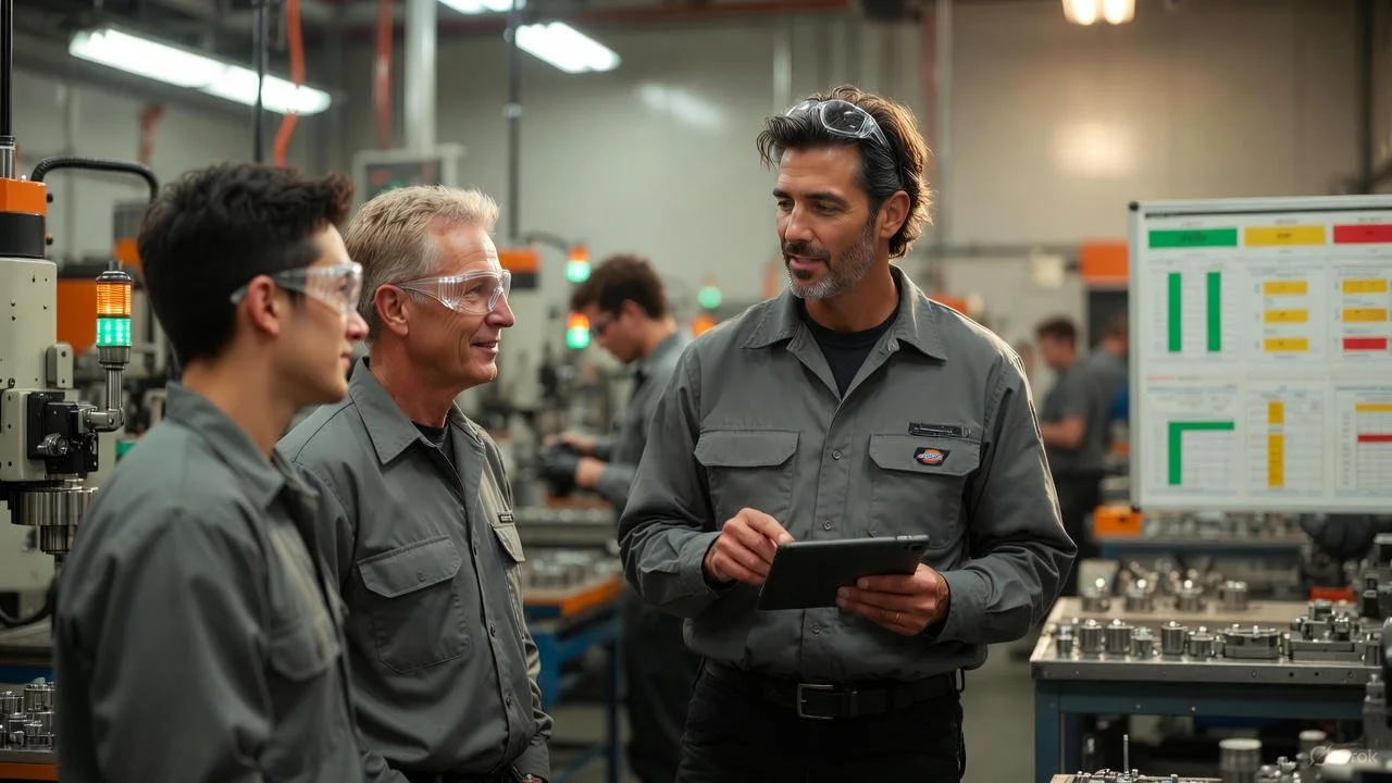 Three factory workers wearing gray uniforms and safety goggles having a conversation in an industrial setting with machinery and a large chart in the background.