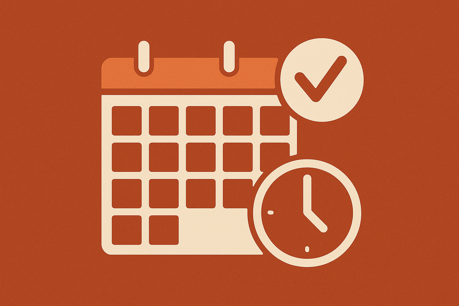 Calendar with checkmark and clock icons, indicating scheduled time or appointment.