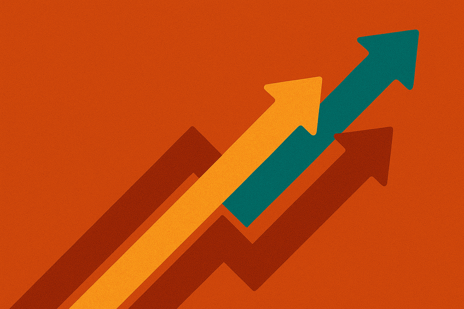 Three ascending arrows in teal, yellow, and maroon against an orange background, representing growth or progress.