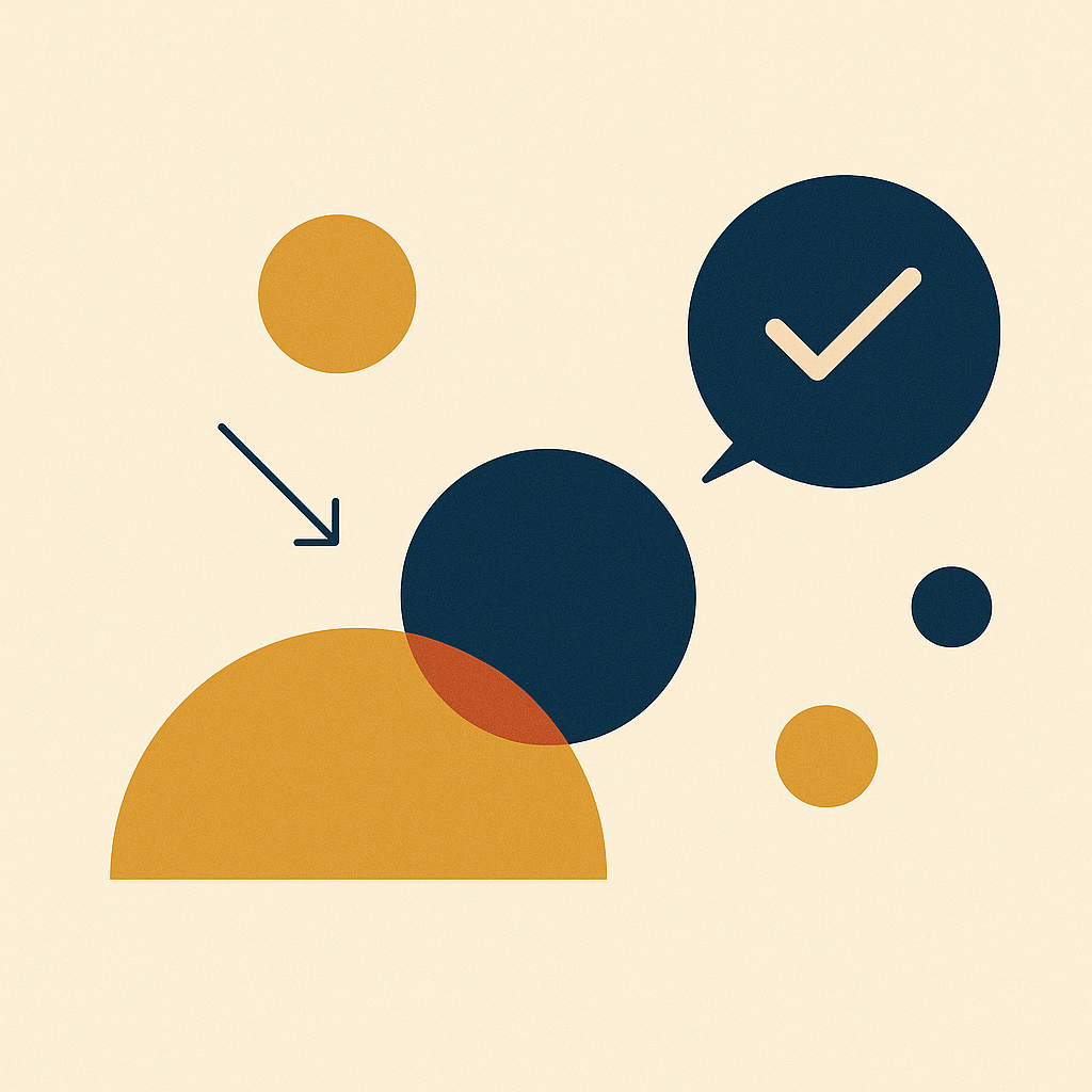 Abstract illustration with circles and a speech bubble containing a checkmark, on a light background.