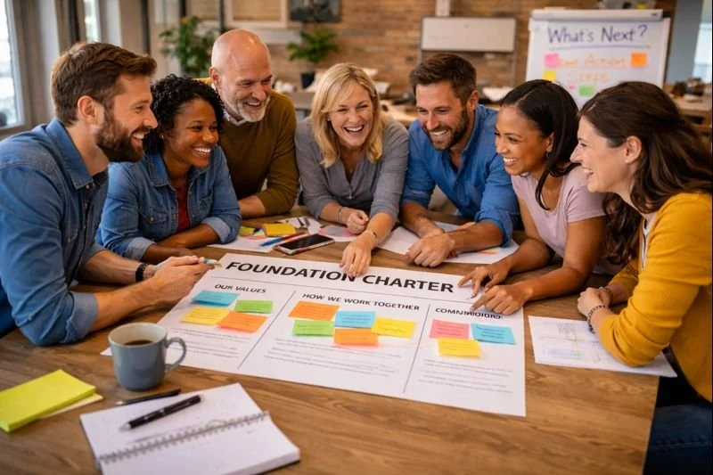 A group of seven diverse people smiling and laughing gathered around a table with a foundation charter and colorful sticky notes, in a meeting room.