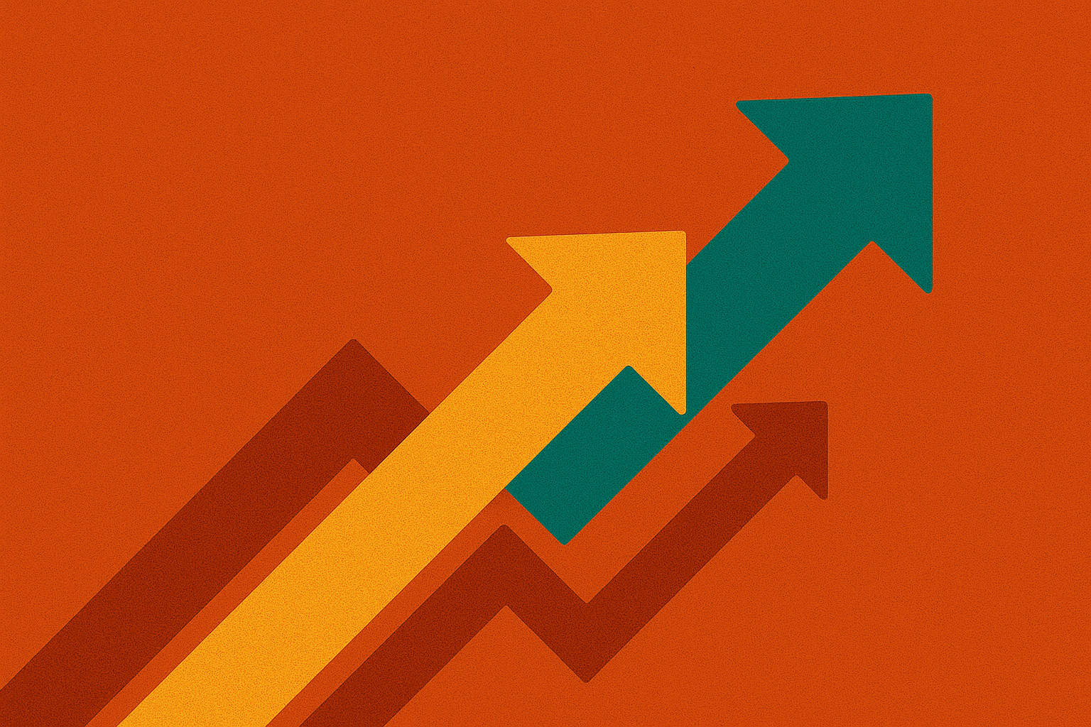 Illustration of four upward-pointing arrows in different colors and sizes, representing growth or progress, on a reddish-orange background.