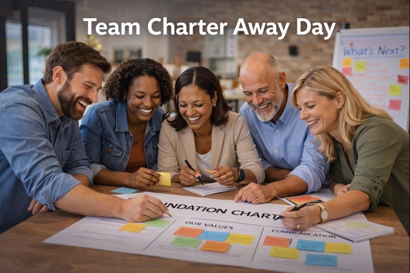 A diverse group of five adults sitting around a table, smiling and working on a charter or planning document during a team building event in a conference room.
