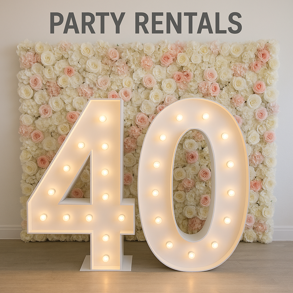 Large illuminated number 40 in front of a floral backdrop with a sign reading "Party Rentals" at the top.
