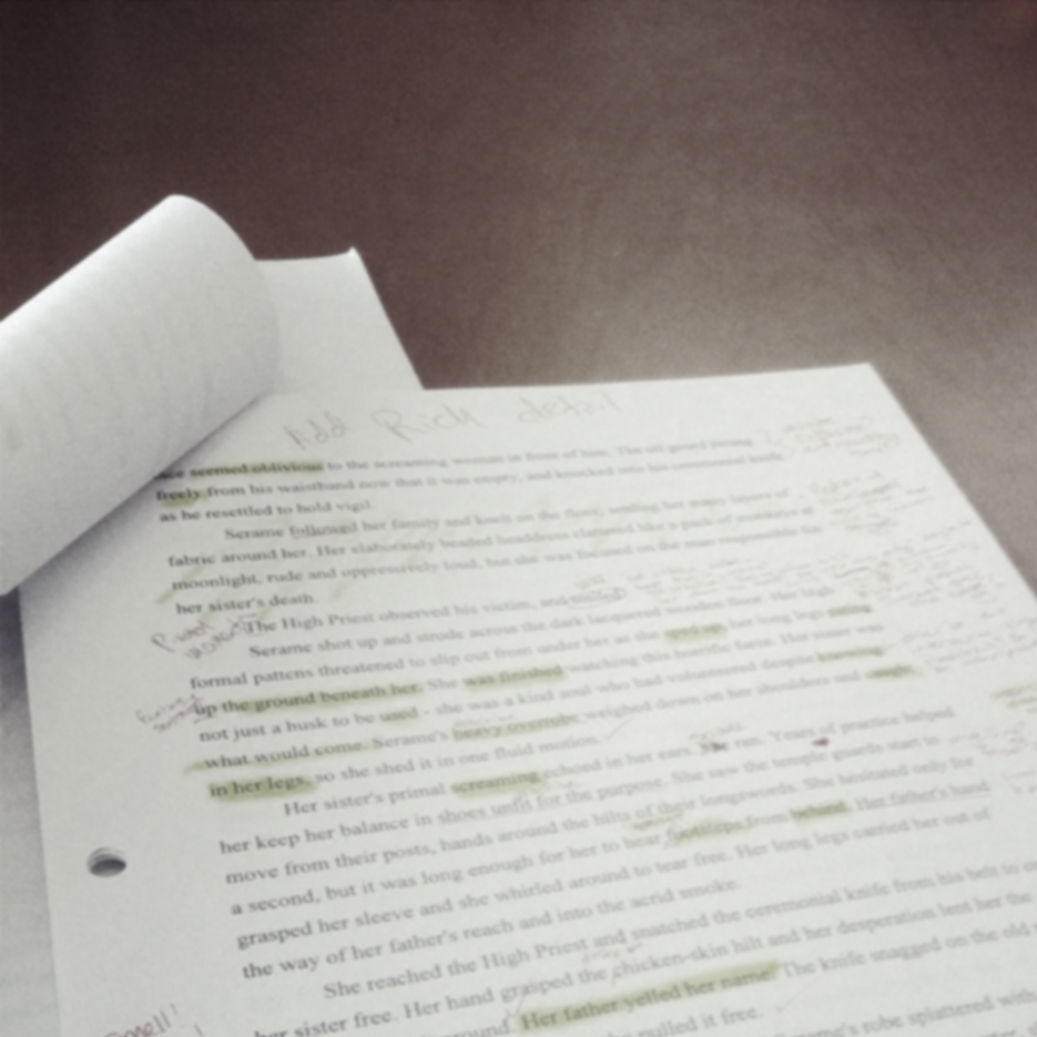 Open book page titled "The Rood Dealer" with highlighted text on a wooden table.