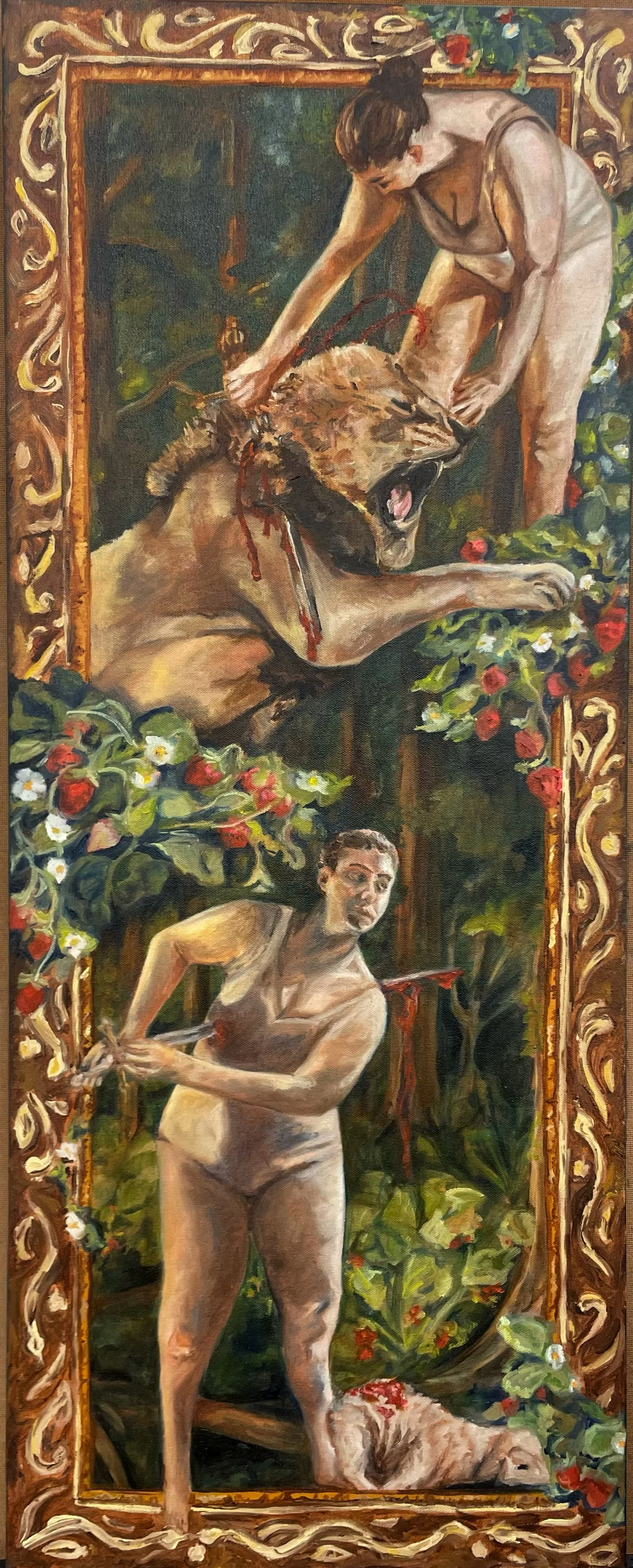 Killing the Beast, oil on canvas, 16x40, 2025