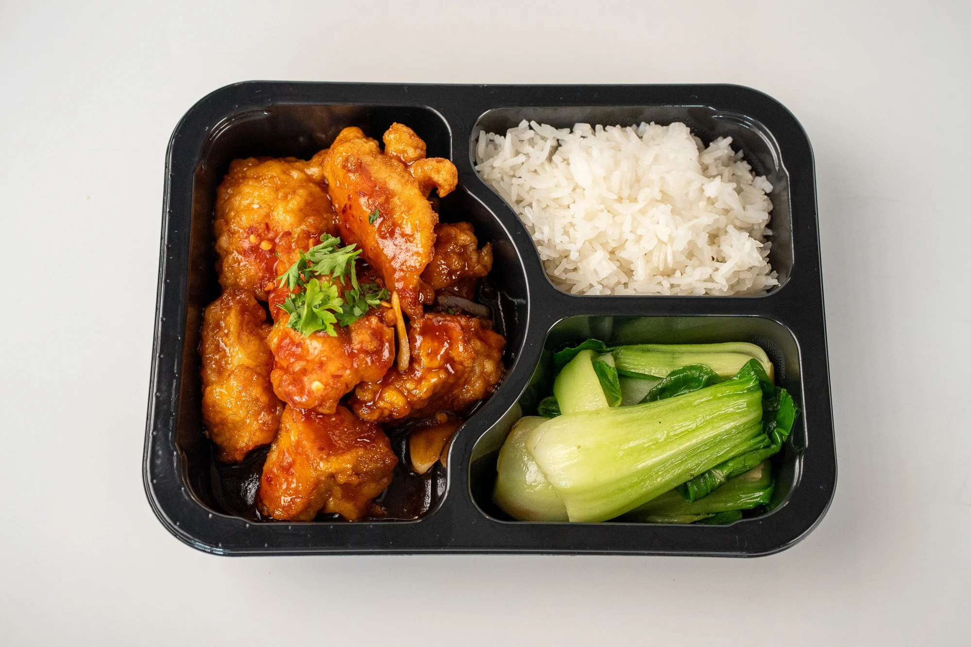 General Tso’s Chicken (Mild) with White Rice and Bok Choy
