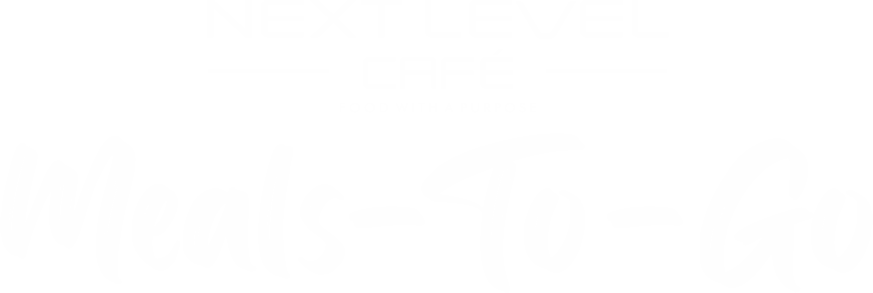 Black background logo for Next Level Café with white text that says 'Meat - To - Go' and a tagline 'Food with a Purpose'.