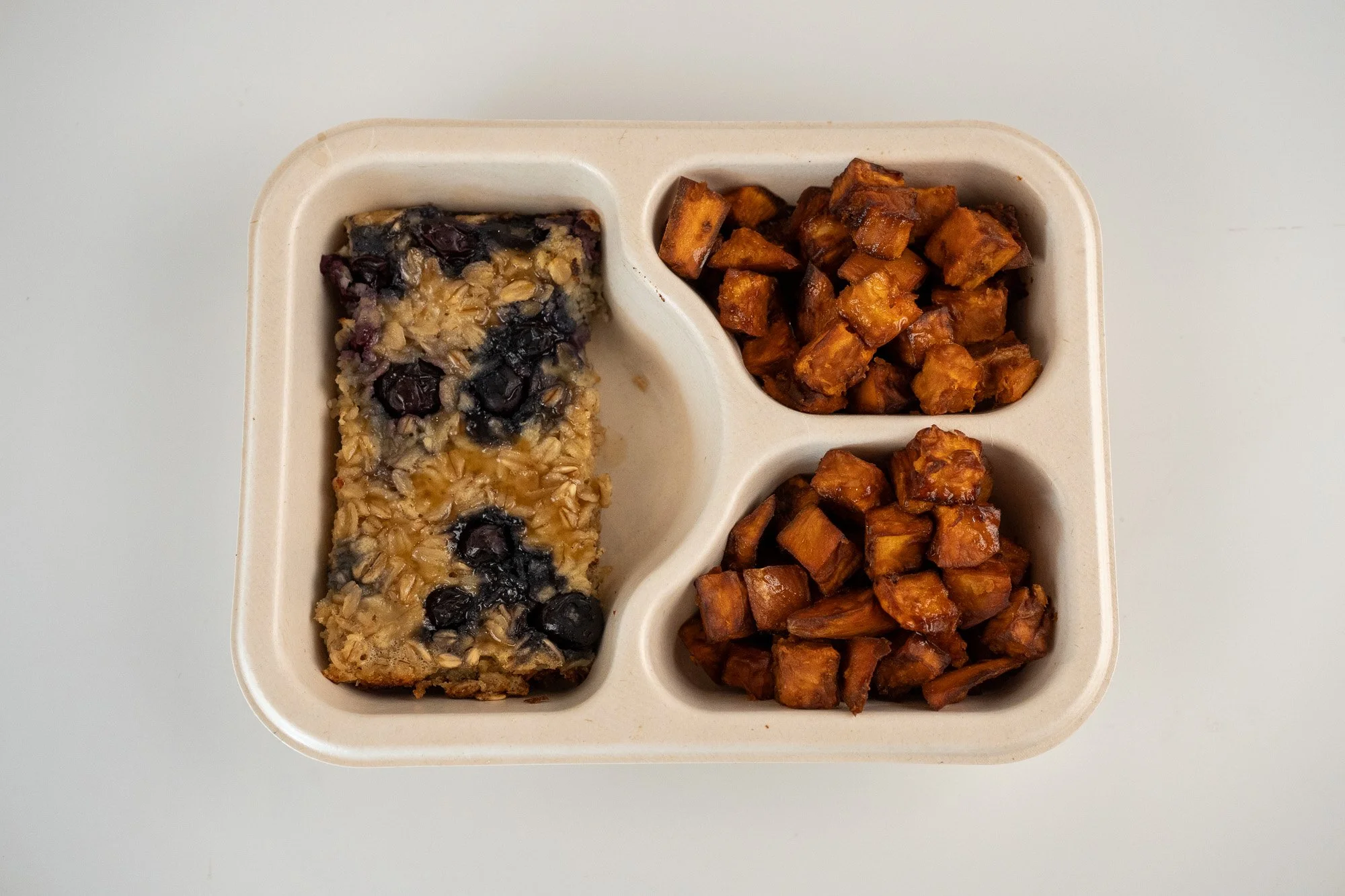 Blueberry Protein Oatmeal Bake with Roasted Potatoes